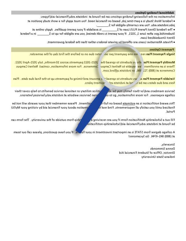 Financial aid information document including details about funding options, payment plans, and contact information for further assistance